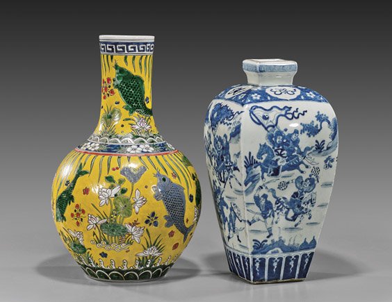 Four Various Chinese Porcelain Vases: Four Various Chinese Porcelain VasesFour various Chinese porcelain vases: Kangxi-style bottle form with enameled design of fish swimming among water plants on yellow ground, 6-character mark; Kangxi-s