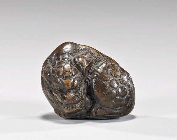 Antique Bizen Pottery Netsuke: Shi-shi: Antique Bizen Pottery Netsuke: Shi-shi Antique Bizen pottery netsuke; in the form of a seated Shi-shi, 19th Century; Provenance: Richard Silverman; Raymond Bushell Collection