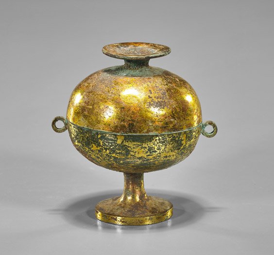 Ancient Chinese Parcel Gilt Bronze Dòu: Ancient Chinese Parcel Gilt Bronze Dòu Ancient Chinese parcel gilt bronze food vessel (dòu); of spherical form on a central high foot and two small loop handles, the matching cover with circular foo
