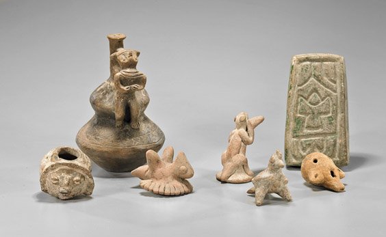Seven Various Pre-Colombian Pieces: Seven Various Pre-Colombian Pieces Group of seven various Pre-Columbian pottery pieces, including: double-gourd form vase with anthropomorphic beast to neck, brick with carved geometric patterns and g