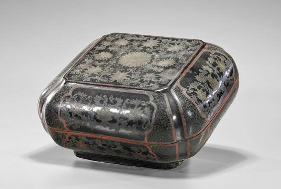 Old Chinese Lacquered Square Box: Old Chinese Lacquered Square BoxOld Chinese lacquered wood covered box; of square form with foliate corners and raised base, decorated with panels of incised blooming flowers and swastika ground (warp