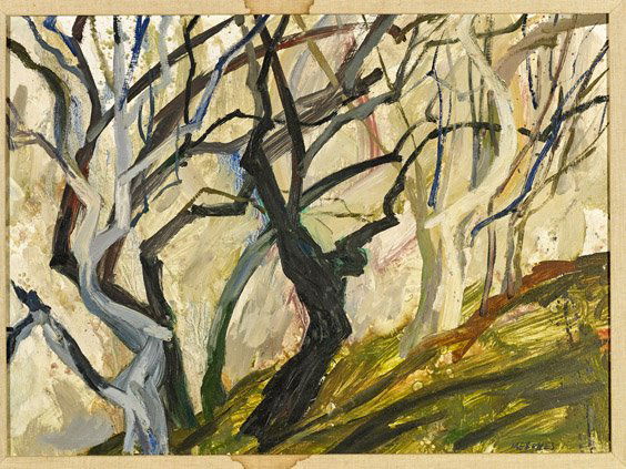 Oil on Masonite by Arnold Mesches: Oil on Masonite by Arnold MeschesOil on masonite painting by Arnold Mesches (American, b.1923); depicting leafless trees in a forest with a white colored sky, signed lower right corner; 17" x 23 1/2";