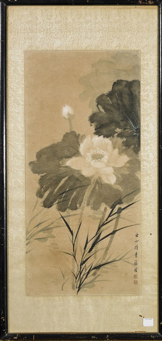 Three Chinese Ink & Color Paintings: Three Chinese Ink & Color Paintings Group of three Chinese ink and color paintings: a printed ancestral portrait of an older woman seated with large red robes and headdress; silk fan painting with hou