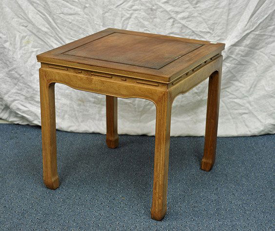 Heavy Chinese Carved Wood Table: Heavy Chinese Carved Wood TableHeavy Chinese carved wood table; of square form with slight curved apron; H: 22"