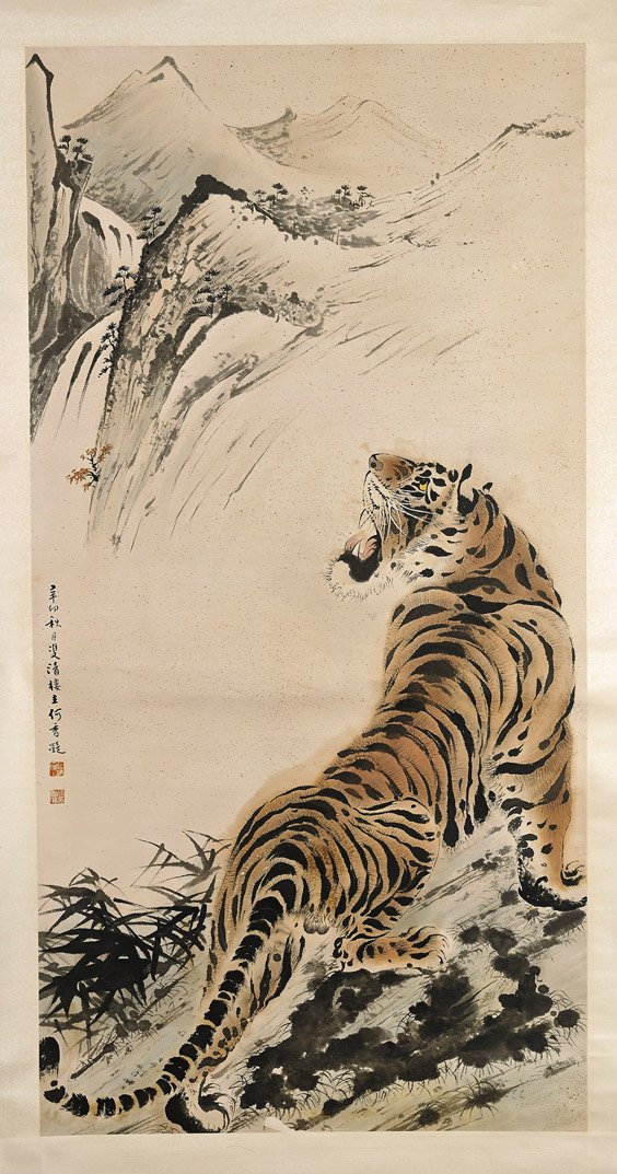 Two Chinese Paper Scrolls: Tiger and Horse: Two Chinese Paper Scrolls: Tiger and Horse Two Chinese ink and color on paper scrolls: one depicting a snarling tiger looking on mountains (slits to mat); together with a horse with one hoof lifted be