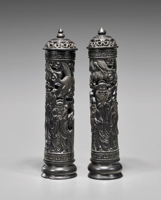 PAIR ZITAN WOOD PERFUMERS: 紫檀人物紋香筒 一對 PAIR ZITAN WOOD PERFUMERSPair of Chinese zitan sectional wood perfumers; each of slim cylindrical form, elaborately openwork c