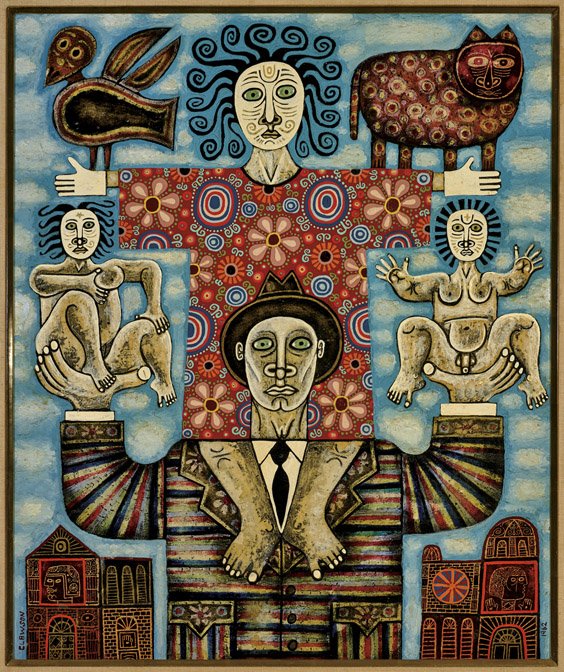 MIXED-MEDIA OIL PAINTING BY REX CLAWSON: 混合媒介 人與動物 MIXED-MEDIA OIL PAINTING BY REX CLAWSONMixed-media oil painting on board by Rex Clawson (American, 1929-2007); depicting a composition