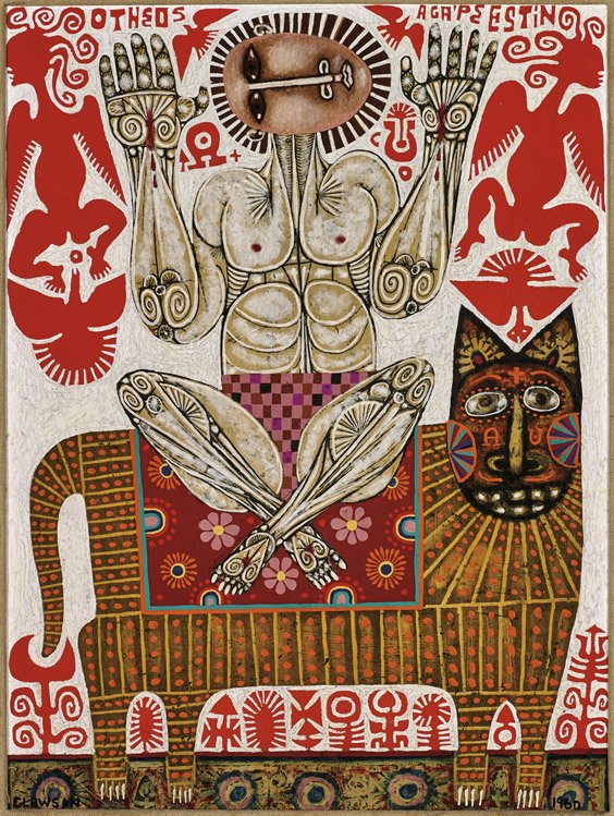 MIXED-MEDIA OIL PAINTING BY REX CLAWSON: 混合媒介 人物與貓 MIXED-MEDIA OIL PAINTING BY REX CLAWSONMixed-media oil painting by Rex Clawson (American, 1929-2007); depicting a stylized figure seat