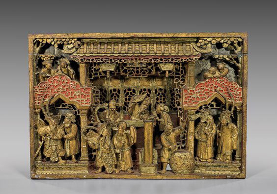 ANTIQUE CARVED & GILT WOOD PANEL: 木雕人物牌匾 ANTIQUE CARVED & GILT WOOD PANELAntique Chinese carved and gilt sectional wood panel; of figural motif, depicting Immortals and regular people in and a
