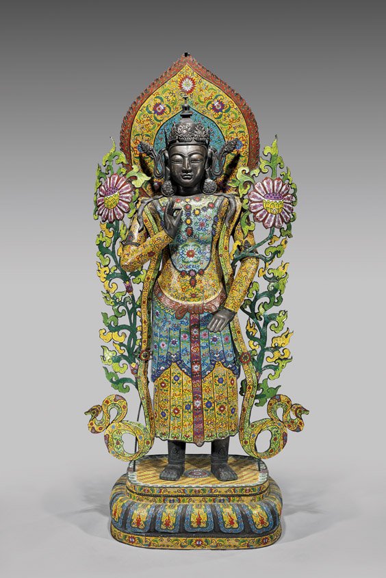 NEAR LIFE-SIZE CLOISONNÉ BUDDHIST FIGURE: 銅胎掐絲琺瑯菩薩立像 NEAR LIFE-SIZE CLOISONNÉ BUDDHIST FIGURE Massive and elaborate, Chinese cloisonné enamel figure; of a Buddhist figure