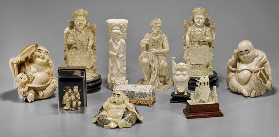 Twelve Composite Carvings: Figures & Box: Twelve Composite Carvings: Figures & Box Group of twelve composite carvings, including: seated Emperor and Empress; seated Moses with tablet; four smiling Budai; netsuke of a couple drinking tea; elep