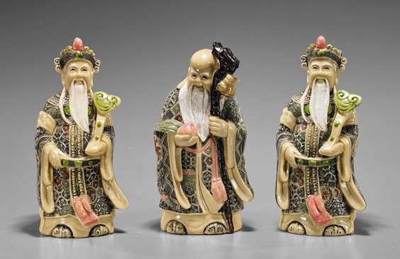 Three Polychromed Composite Star Gods: Three Polychromed Composite Star Gods Group of three polychromed composite figures: pair of Lu in Mandarin dress holding ruyi scepter; together with Shoulao with staff and peach; signed; H: 7 1/2" (ta