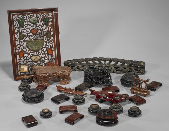 Collection of Chinese Wood Stands & Frame: Collection of Chinese Wood Stands & Frame Large collection of Chinese wood carvings: twenty-five stands, of various shapes and sizes; together with antique frame with jade and carnelian plaques (typic