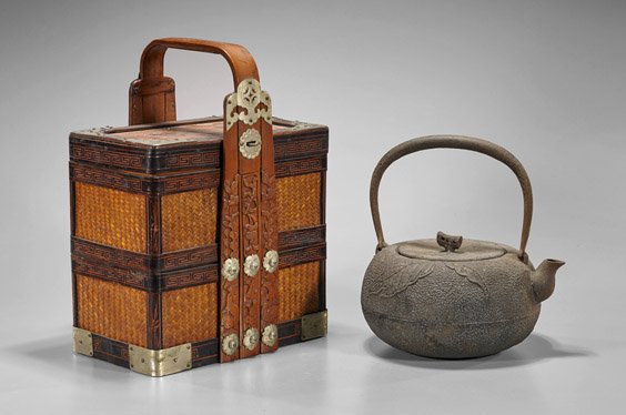 Japanese Iron Teapot & Chinese Bamboo Box: Japanese Iron Teapot & Chinese Bamboo Box Two Asian items: antique Japanese iron teapot of globular form with short spout and tall handle, moulded leaf design; together with old Chinese woven bamboo t