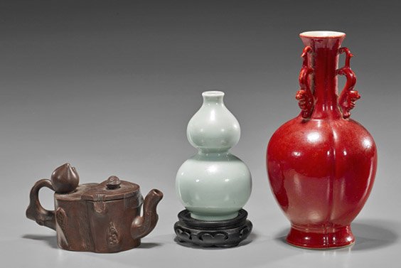 Three Chinese Vessels: Vases & Teapot: Three Chinese Vessels: Vases & Teapot Three Chinese vessels, including: two monochrome porcelains Ming-style red glaze foliate form with three handles, dragons amid clouds, six-character mark, probabl