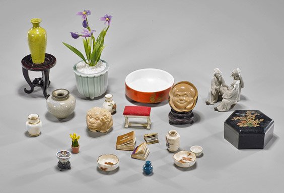 Collection of Chinese & Japanese Items: Collection of Chinese & Japanese Items Large collection of Chinese and Japanese items, including: approximately twenty-two miniatures: Satsuma, vases, books, stands, tagua netsukes, moulded figural gr
