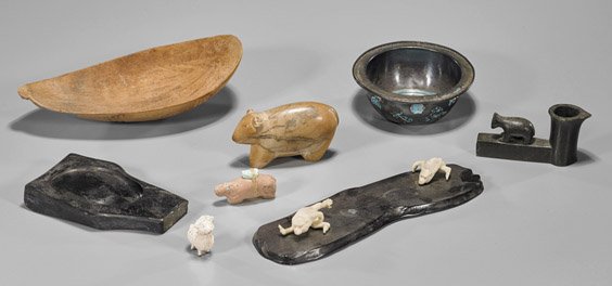Group of Eight Various Items: Group of Eight Various Items Eight various desktop items, including: carved coconut bowl; enamel bowl; two hardstone animals; three composite animals; antique Chinese inkstone; together with iron pipe