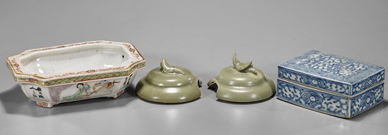 Four Various Antique Chinese Porcelains: Four Various Antique Chinese Porcelains Group of four Chinese porcelains, including: two Song Dynasty celadon vase covers with moulded bird finials; late Ming Dynasty blue and white rectangular covere