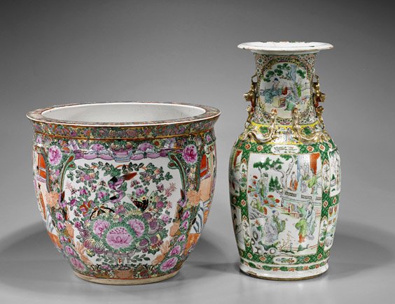 Two Chinese Enameled Porcelain Vessels: Two Chinese Enameled Porcelain Vessels Two Chinese porcelains: Rose Medallion fish bowl with a continuous figural scene, seal mark; together with Famille Verte ovoid vase with moulded dragons along sh