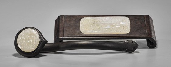 Two Small Chinese Carved Scepter & Table: Two Small Chinese Carved Scepter & Table Two Chinese carved wood and glass imitating celadon jade: of a ruyi scepter with one oval form plaque of two cranes amid pine; together with altar table with r