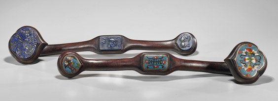 Two Chinese Ruyi Scepters: Cloisonné & Lapis: Two Chinese Ruyi Scepters: Cloisonné & Lapis Two Chinese carved wood ruyi scepters: each with three inset panels and lingzhi terminal: one cloisonné with phoenix, Shou double peach and bat, on turqu