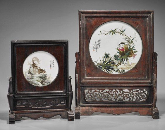 Two Chinese Porcelain Circular Tablescreens: Two Chinese Porcelain Circular Tablescreens Two Chinese enameled porcelain circular tablescreens: the smaller with bushy-tailed squirrels on a rocky ledge; together with a praying mantis on top an exp