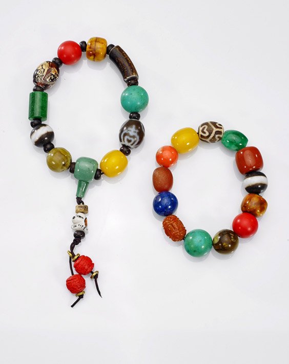 Two Chinese Multi-Colored Bead Bracelets: Two Chinese Multi-Colored Bead BraceletsTwo Chinese multi-colored bead bracelets: each with various shaped hardstone, glass, coral, lapis lazuli and Dzi-type beads; D: 3" (larger)