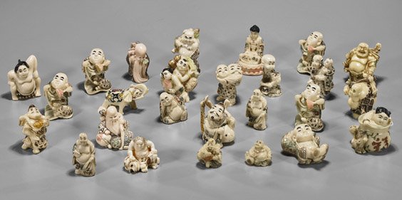 Twenty-Six Composite Netsuke & Okimono: Twenty-Six Composite Netsuke & Okimono Large collection of twenty-six various polychromed composite netsuke and okimono, including: sitting and standing Hotei, figures standing with fish and turtles, 