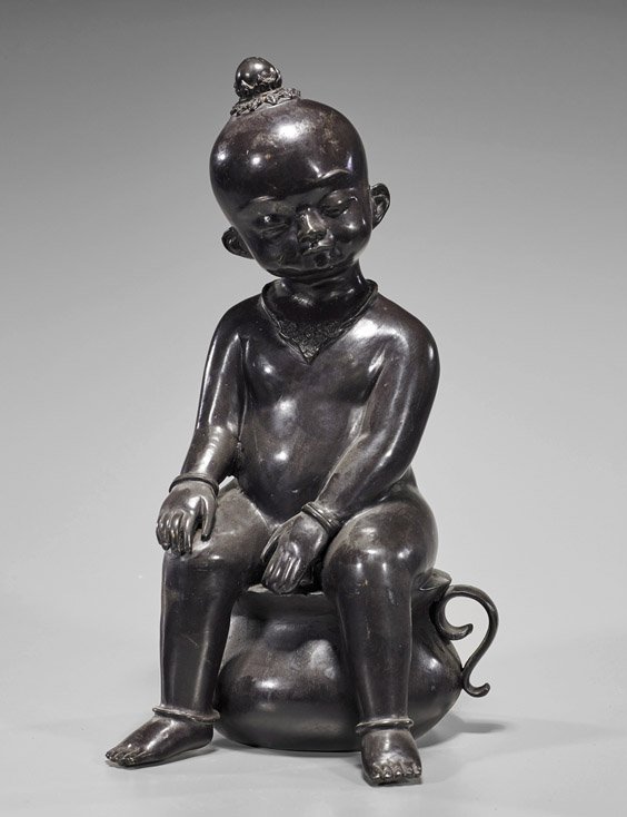 Old Chinese Bronze Seated Boy: Old Chinese Bronze Seated BoyOld Chinese bronze boy; seated on a chamber pot wearing only anklets, bracelets, necklace and hair wrap (minor chip at base); H: 12 1/2"