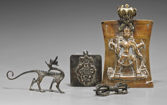 Four Chinese & Tibetan Bronze Items: Four Chinese & Tibetan Bronze Items Group of four Chinese and Tibetan bronze items, including: probably antique Chinese bronze Buddhist figural plaque; antique Tibetan bronze vajra with openwork detai