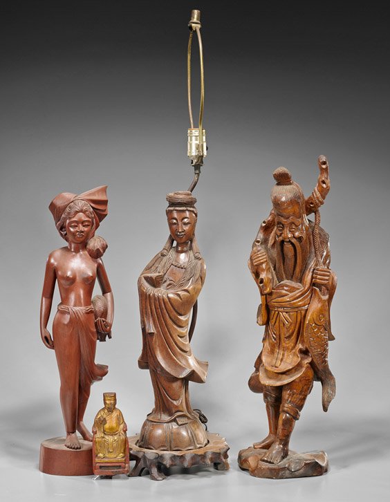 Four Various Carved Wood Figures: Four Various Carved Wood Figures Four carved wood figures: antique Chinese gilt and lacquered seated official; Chinese standing fisherman with his large catch; Balinese female carrying an animal; toge