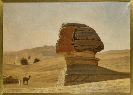 Oil on Canvas by Ernest W. Longfellow: Oil on Canvas by Ernest W. Longfellow Oil on canvas by Ernest Wadsworth Longfellow (American, 1845–1921); of a profile view of the Great Sphinx in Egypt with two travelers admiring the view in front
