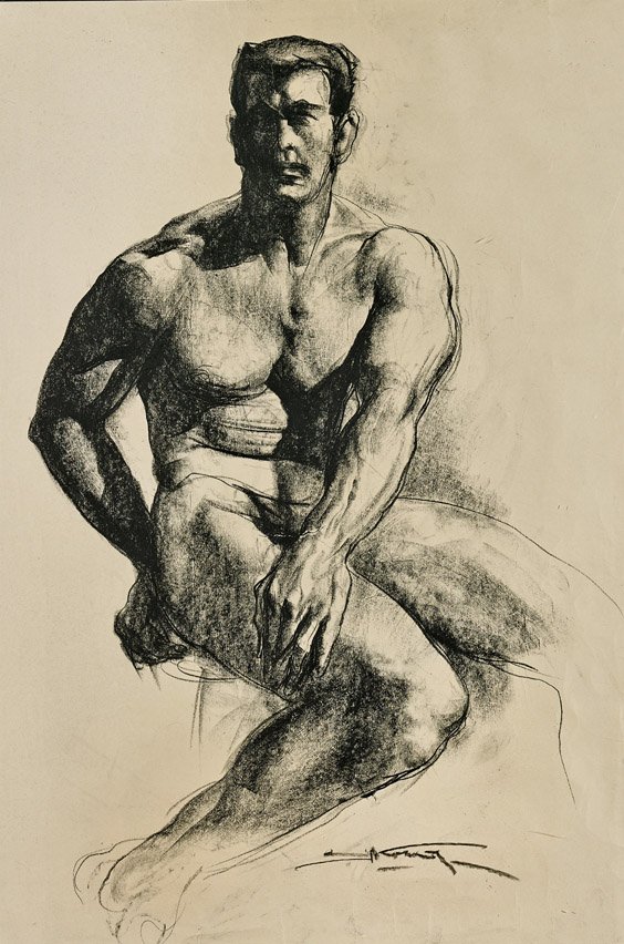 Charcoal on Paper Drawing by Emil Kosa Jr.: Charcoal on Paper Drawing by Emil Kosa Jr. Charcoal on paper drawing by Emil Kosa, Jr. (French, 1903-1968); figure study depicting a seated male nude; signed lower right (some toning and creasing); 26