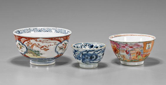 Three Antique Chinese Porcelain Bowls: Three Antique Chinese Porcelain BowlsGroup of three antique Chinese porcelain bowls: blue and white tea cup with double coins to exterior; continuous enameled figural scene on orange ground; together