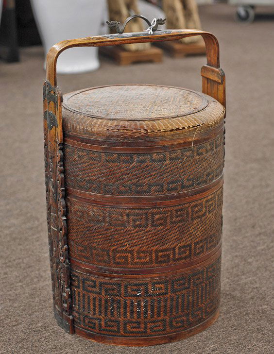 Large Old Chinese Woven Wedding Basket: Large Old Chinese Woven Wedding BasketLarge old Chinese multi-tiered wedding basket; three sections with geometric woven designs, brass handle; H: 24"; Provenance: from the collection of Roger George