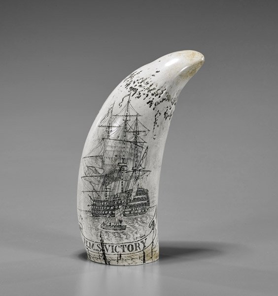 Composite Scrimshaw Whale Tooth: Composite Scrimshaw Whale Tooth Composite scrimshaw whale tooth; a portrait of Horatio Nelson; the verso of the vessel H.M.S. Victory (splits and cracks); L: 6 1/4"