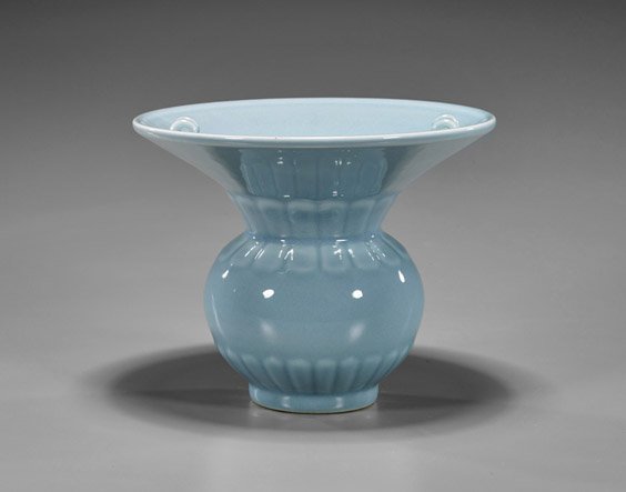 Chinese Clair-de-Lune Porcelain Spittoon: Chinese Clair-de-Lune Porcelain Spittoon Chinese clair-de-lune porcelain spittoon; of globular body with faint moulded decoration and large flaring rim, two pair of small loop handles to the top for h
