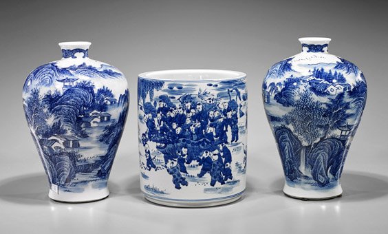 Three Chinese Blue & White Porcelains: Three Chinese Blue & White Porcelains Three Chinese blue and white porcelain vessels: brushwasher of cylindrical form depicting a continuous scene of boys at play; together with two meiping form vases