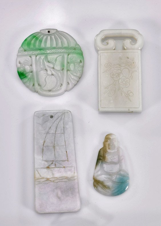 Group of Four Jade/Jadeite Carvings: Group of Four Jade/Jadeite CarvingsGroup of four jade and jadeite carvings, including: lantern form plaque with floral openwork designs, rectangular form plaque with sail boat etching to front and cha
