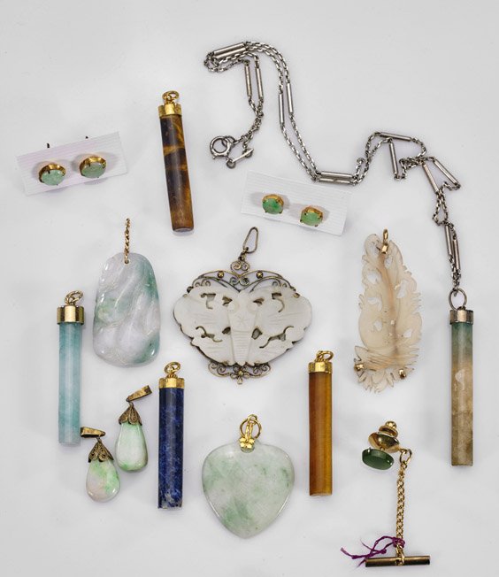 Fourteen Pieces Jade/Hardstone Jewelry: Fourteen Pieces Jade/Hardstone JewelryFourteen various pieces of jade/hardstone jewelry, including: five pendants of slim cylindrical form, some with 14K bales, one with chain; two pair of stud earrin