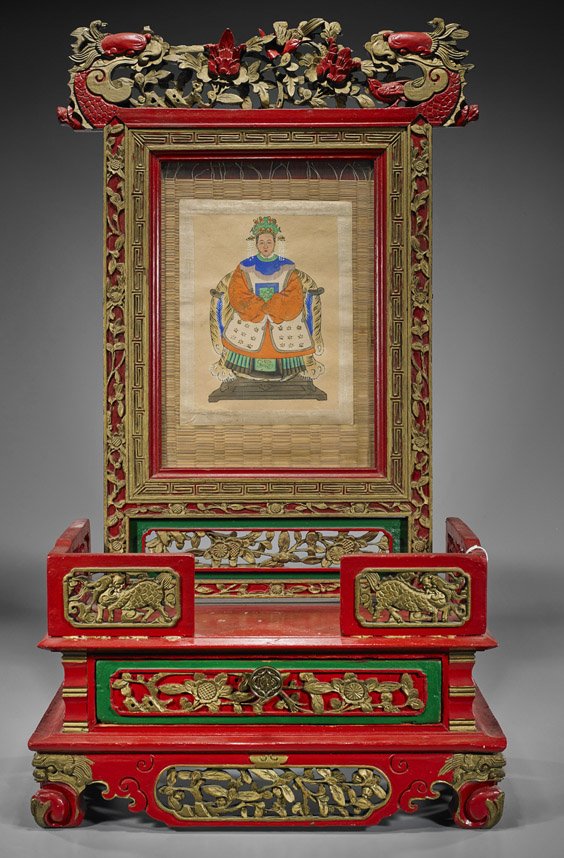 Chinese Carved Wood Ancestral Altar: Chinese Carved Wood Ancestral Altar Chinese carved wood altar; painted red and gold, foliate and scrolling cloud openwork to base with pair of guardian lions, ancestral portrait topped with double dra