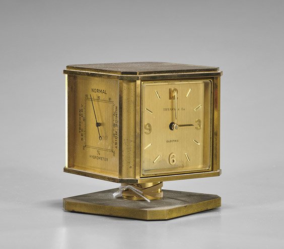Old Tiffany & Co. Brass Weather Station: Old Tiffany & Co. Brass Weather StationOld Tiffany & Co. brass swiveling square form weather station, including: electric clock with quarter numbers and indices; thermometer in Celsius and Fahrenheit;