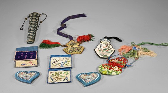 Eight Chinese Embroidered Silk Minis: Eight Chinese Embroidered Silk Minis Group of eight antique Chinese embroidered silk miniatures for attaching to garments: three double gourd form with hidden pockets; two hearts; two short panels; to