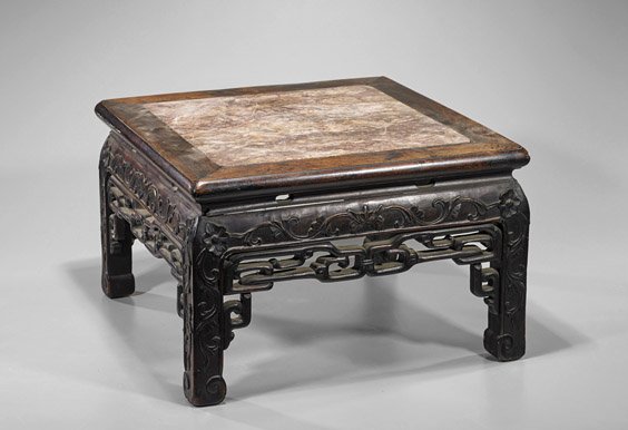 Antique Chinese Carved Wood Table: Antique Chinese Carved Wood Table Antique Chinese carved wood low table: of square form with openwork floral and geometric apron; inset with pink/grey marble plaque (minor losses, chips and cracks); L
