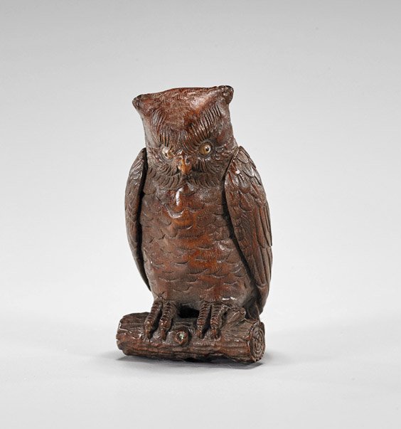 Carved Wood Netsuke: Owl: Carved Wood Netsuke: Owl Finely carved wood netsuke; in the form of an owl perched upon a branch, with inlaid eyes, signed