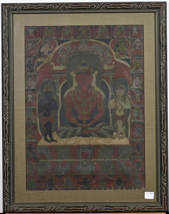 Antique Tibetan Cotton Thangka: Antique Tibetan Cotton Thangka Antique Buddhist ink and color on cotton thangka; of a red-skinned deity seated in lotus position atop a stylized lotus base and a green mandorla, flanked by standing bl