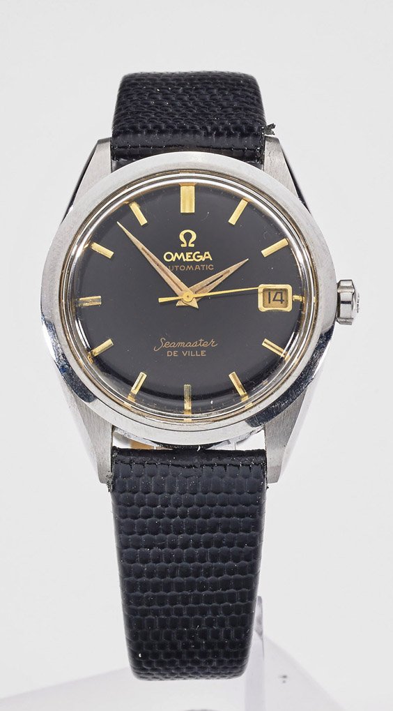 Omega "Seamaster DeVille" Wristwatch: Omega "Seamaster DeVille" WristwatchOmega "Seamaster DeVille" automatic stainless steel wristwatch; the black dial with yellow gold baton indices, date window at 3 o' clock; black leather band (some w