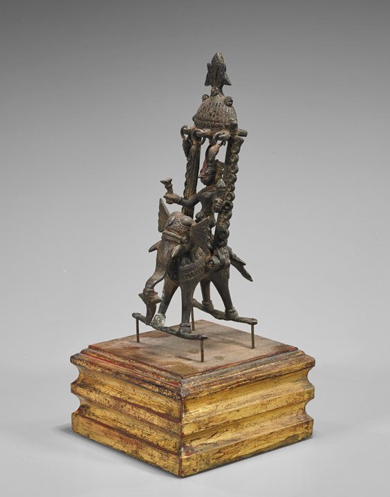 Antique Thai Bronze Figure & Elephant: Antique Thai Bronze Figure & Elephant Antique Thai bronze Buddhist figure; riding a saddled elephant with shrine surrounding the figure, two hand drums in each hand; some pigment remaining (heavy wear