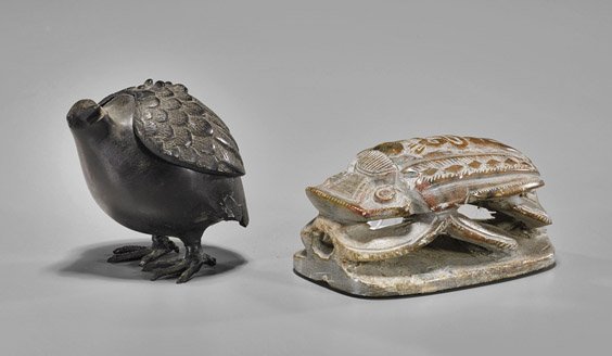Five Various Items: Carvings & Bronze: Five Various Items: Carvings & Bronze Five various items, some antique, including: Japanese bronze quail censer, Egyptian-style scarab beetle, Chinese soapstone lotus leaf vase on stand, Chinese fluor