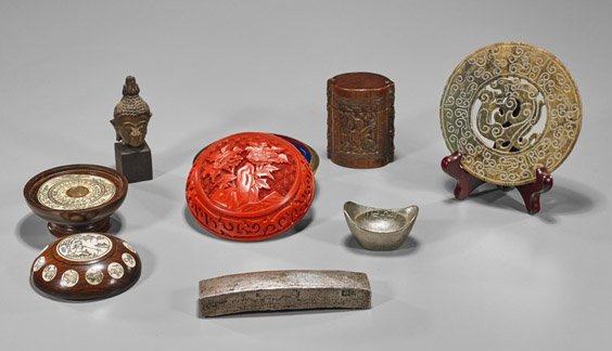 Seven Miscellaneous Asian Items: Seven Miscellaneous Asian Items Group of seven miscellaneous Asian items, including: red lacquer covered box, compass with inlaid bone zodiac to cover, circular form carved hardstone plaque, two metal